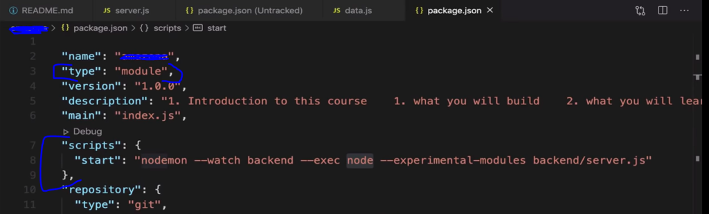 scripts start in package.json node nodemon configuration , mern stack, backend coding js